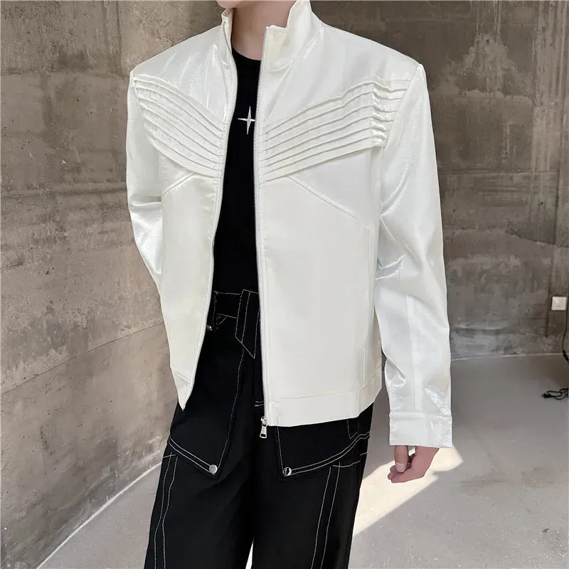 Spring Trendy Jacket Fashion Personality Pleated Design Solid Color Zipper Darkwear Male Tops Menwear 9C5051