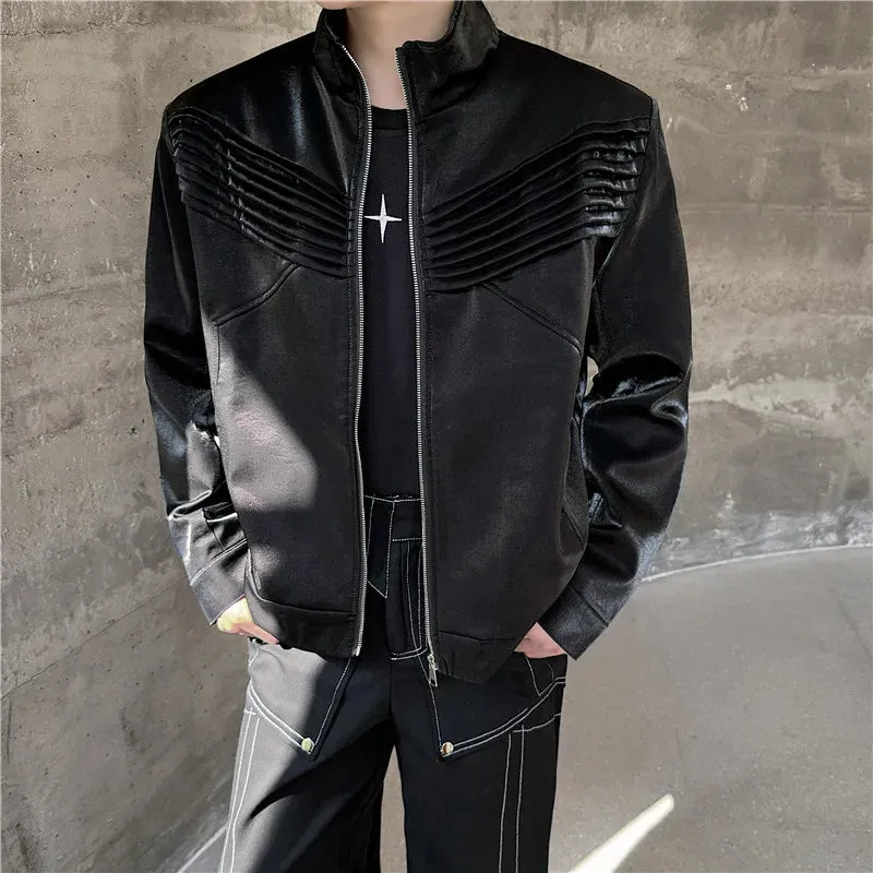 Spring Trendy Jacket Fashion Personality Pleated Design Solid Color Zipper Darkwear Male Tops Menwear 9C5051