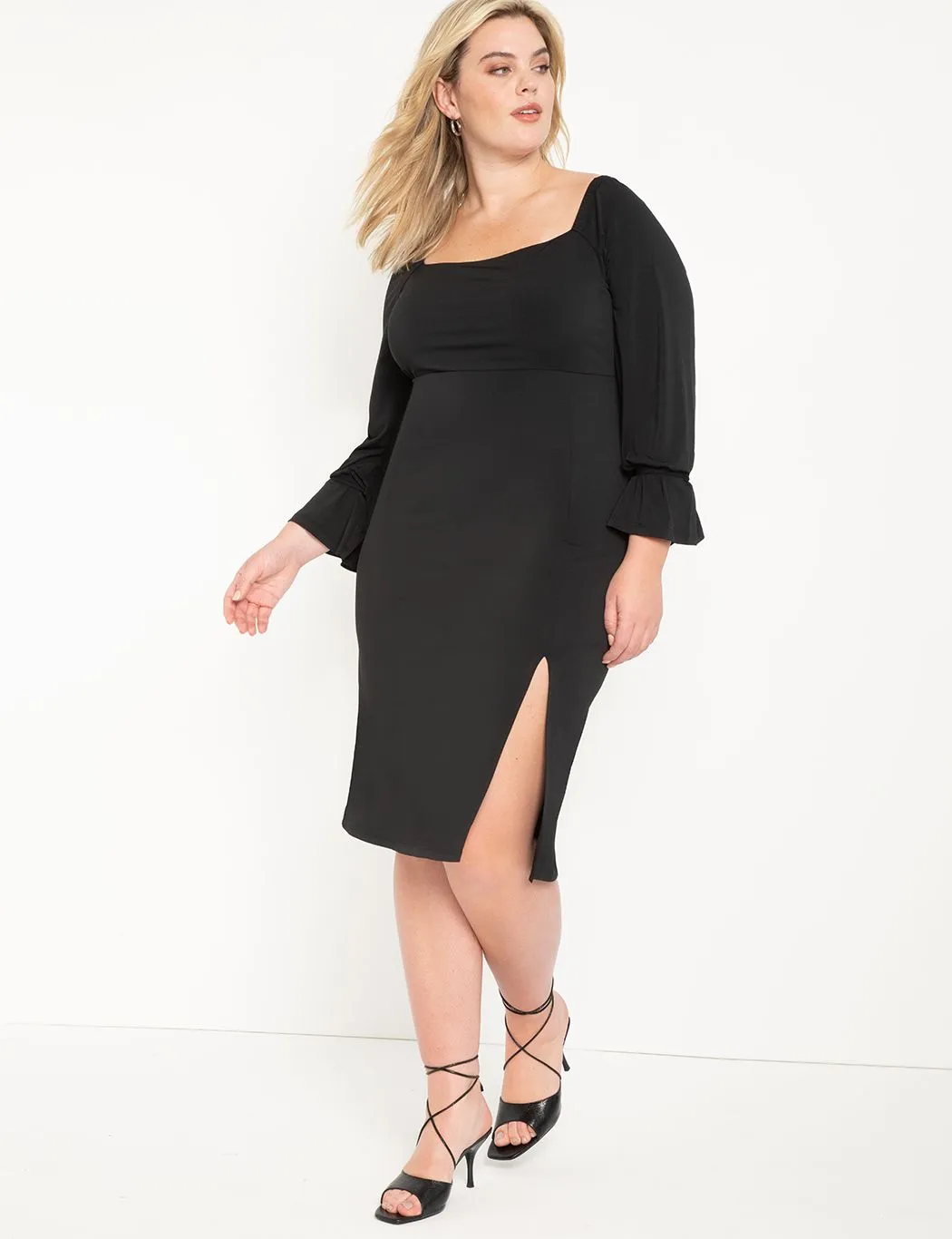 Square Neck Dress With Tie Sleeve in Black