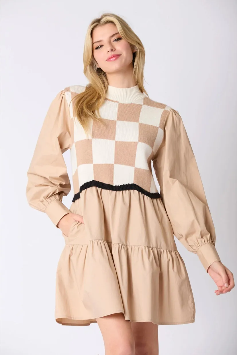 Stassi Square Pattern Sweater Vest Poplin Dress