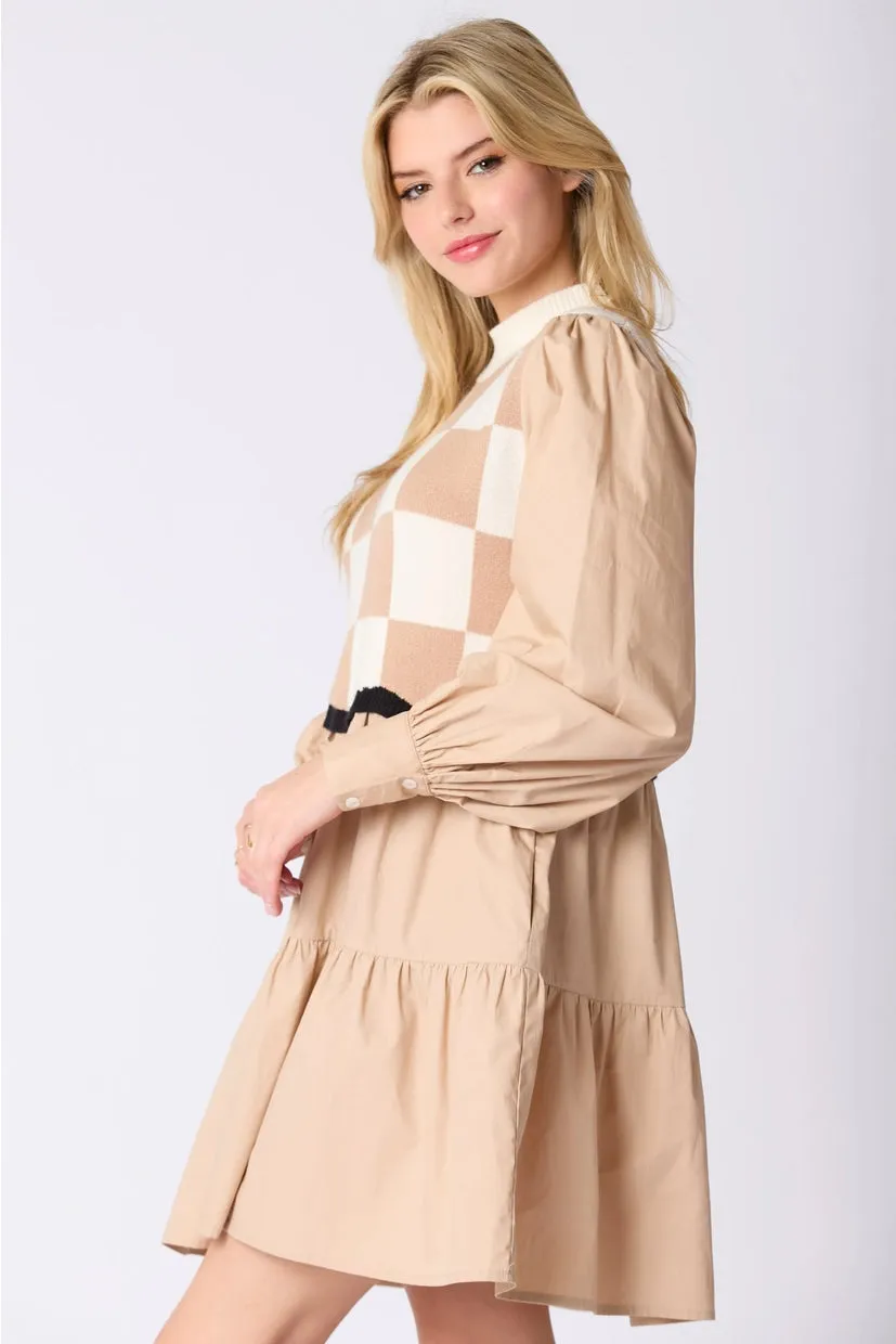 Stassi Square Pattern Sweater Vest Poplin Dress