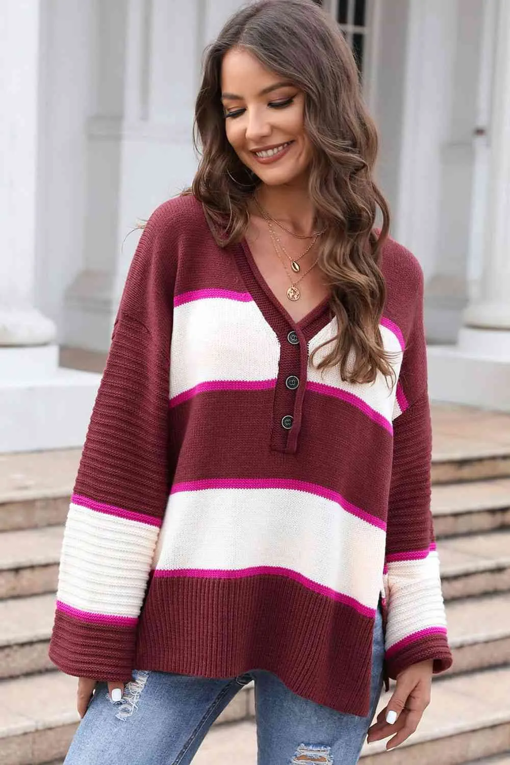 Striped Dropped Shoulder Side Slit Sweater