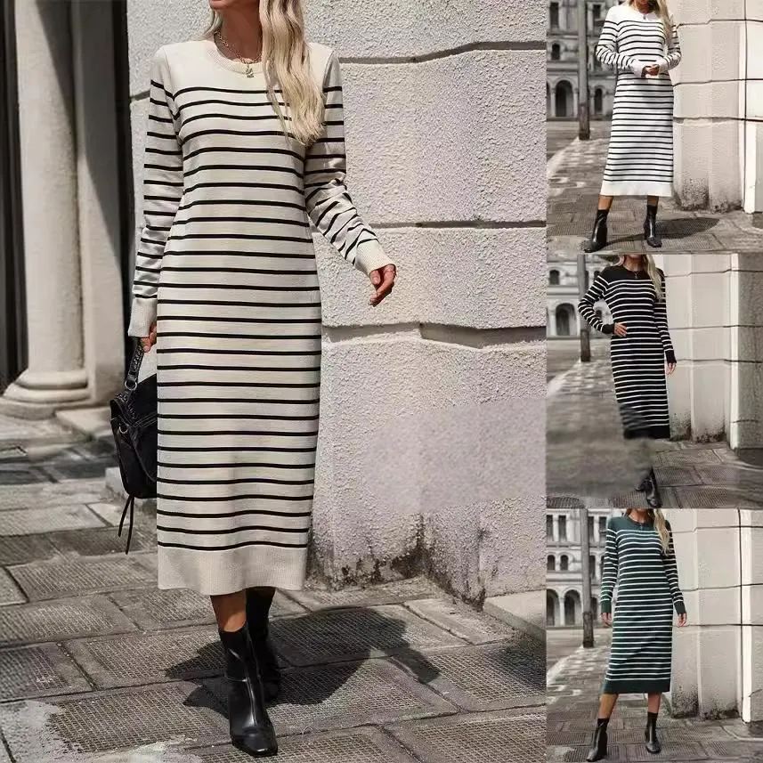 Striped Slim Fit Long Sleeve Maxi Sweater Dress (4 colors)