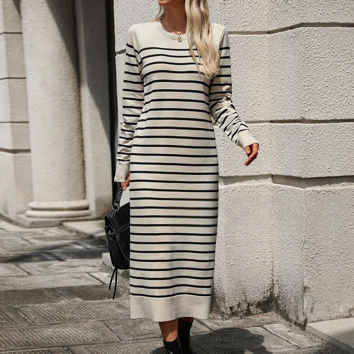 Striped Slim Fit Long Sleeve Maxi Sweater Dress (4 colors)