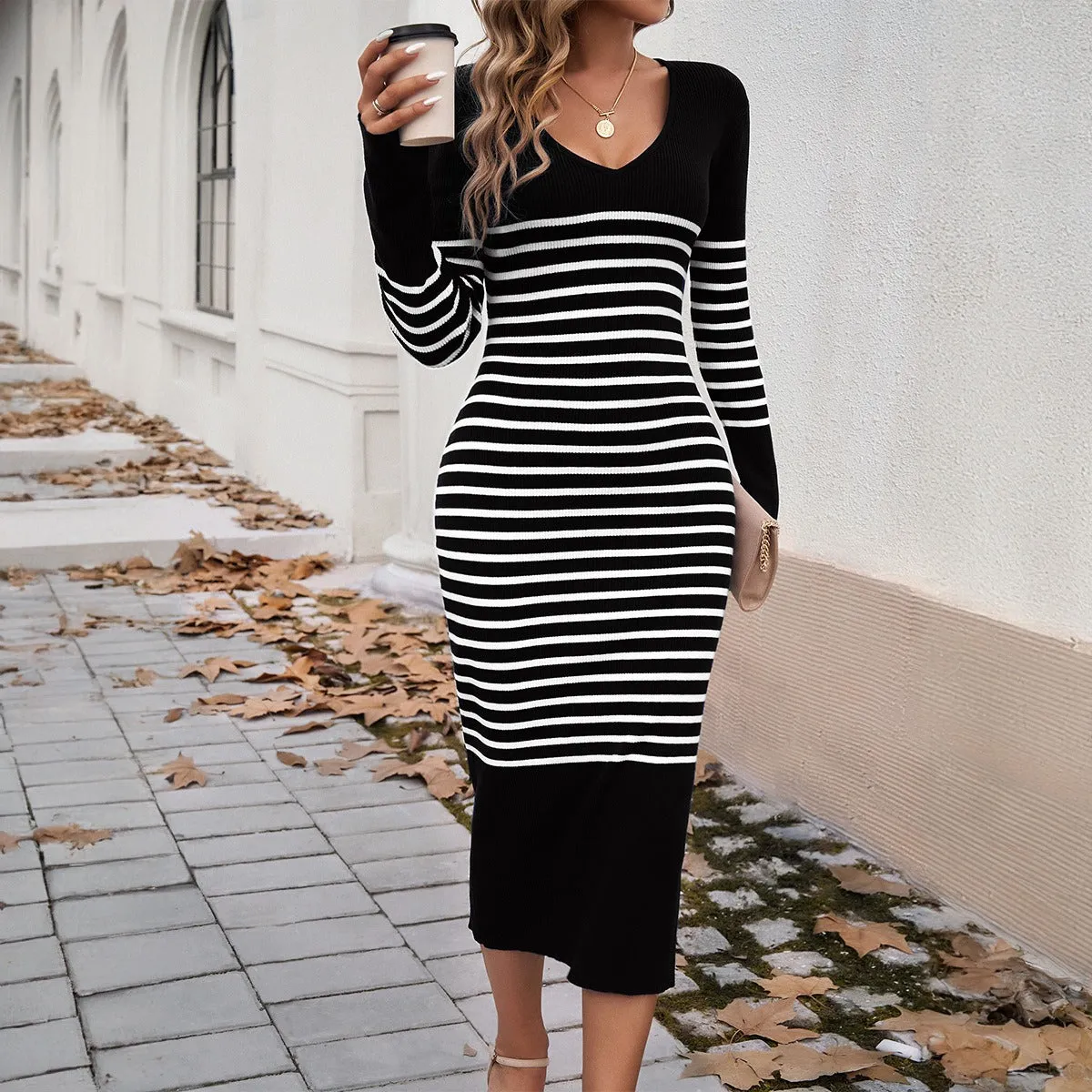 Striped Slim Fit V-neck Contrasting Striped Sweater Maxi Dress (5 colors)