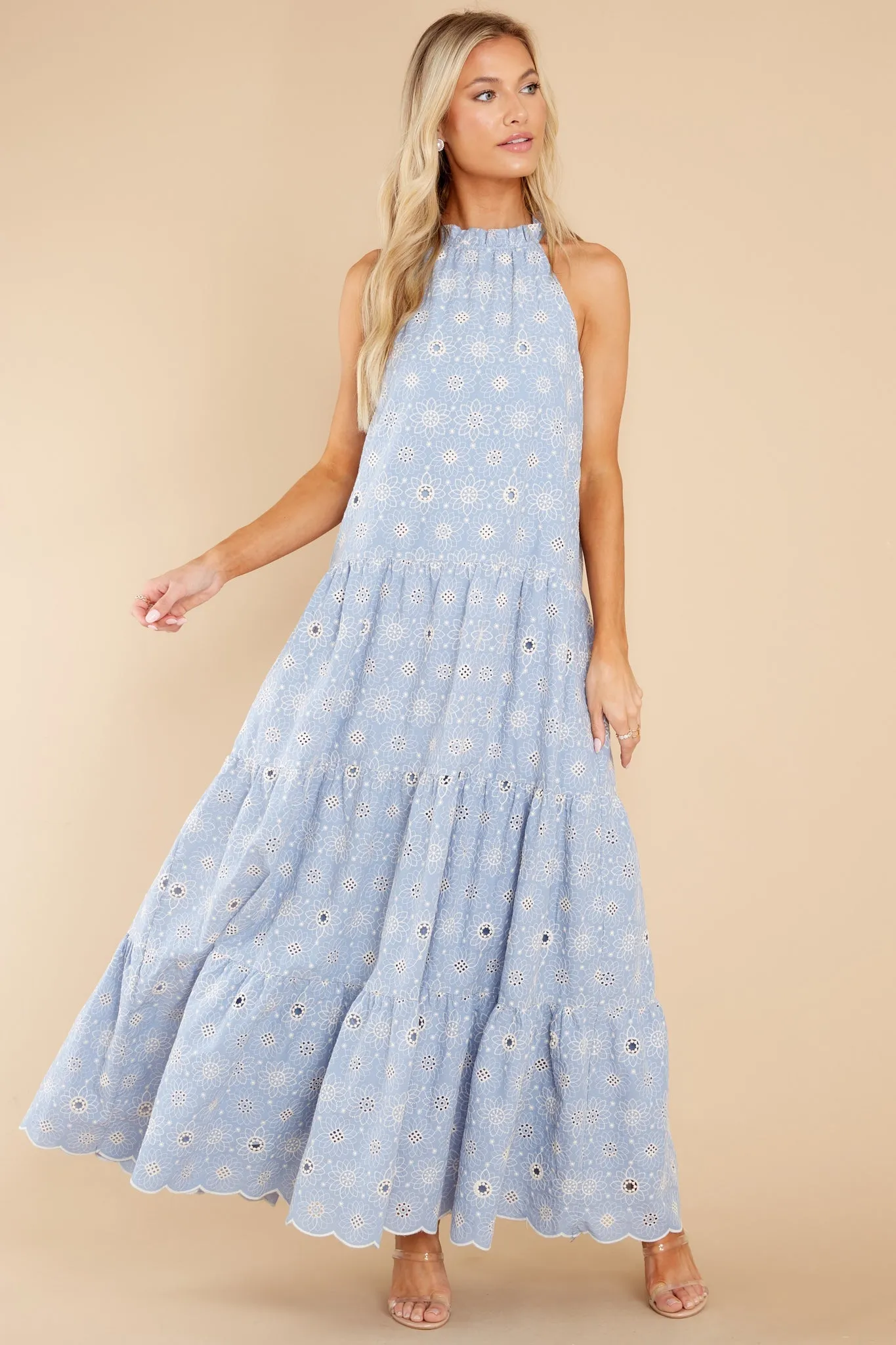 Sweet Excitement Dusty Blue Floral Eyelet Maxi Dress