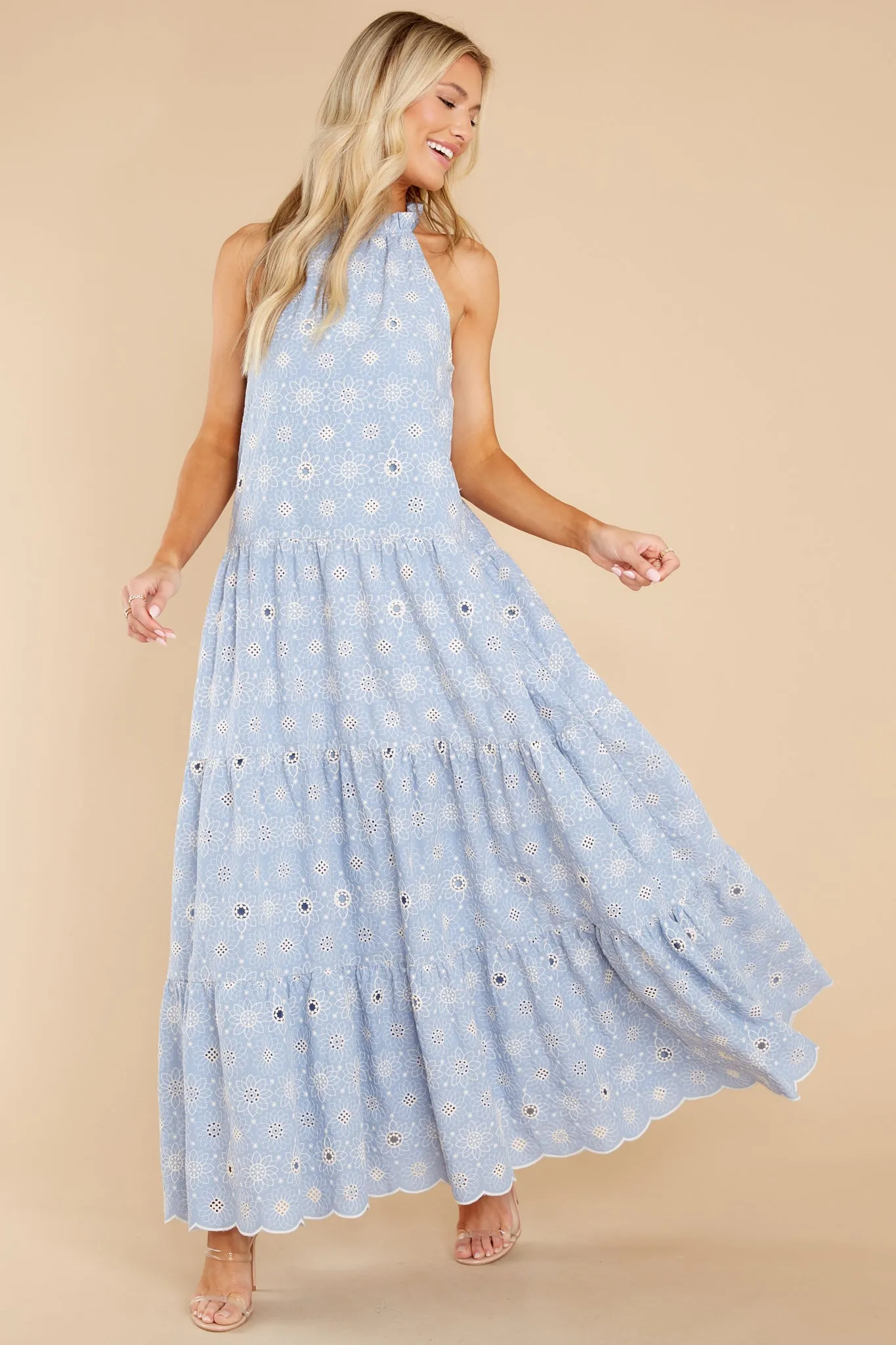 Sweet Excitement Dusty Blue Floral Eyelet Maxi Dress