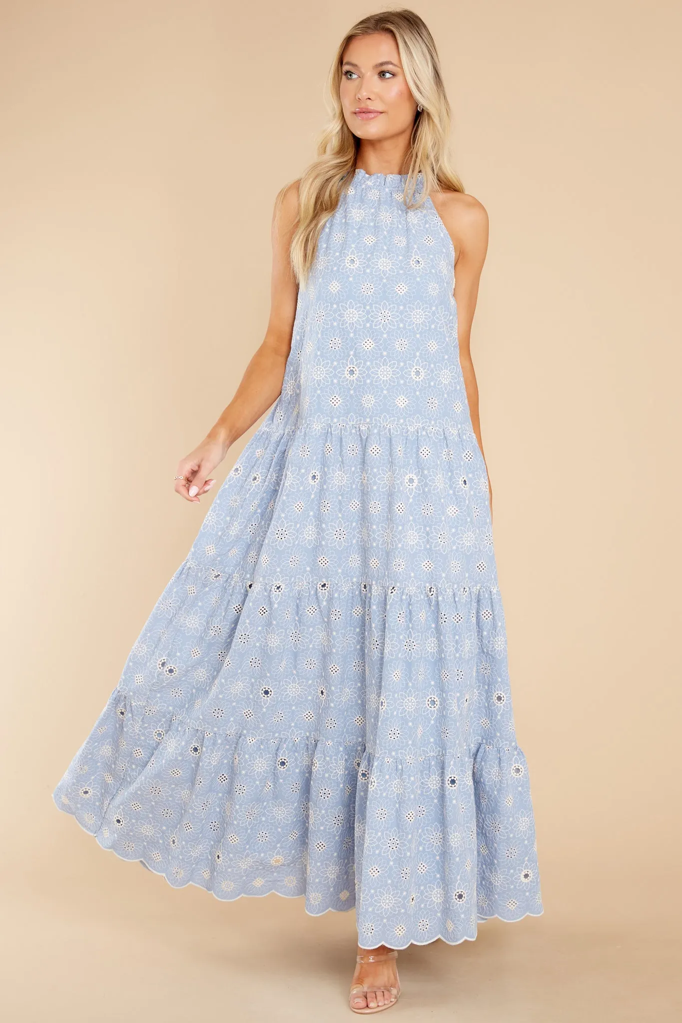 Sweet Excitement Dusty Blue Floral Eyelet Maxi Dress