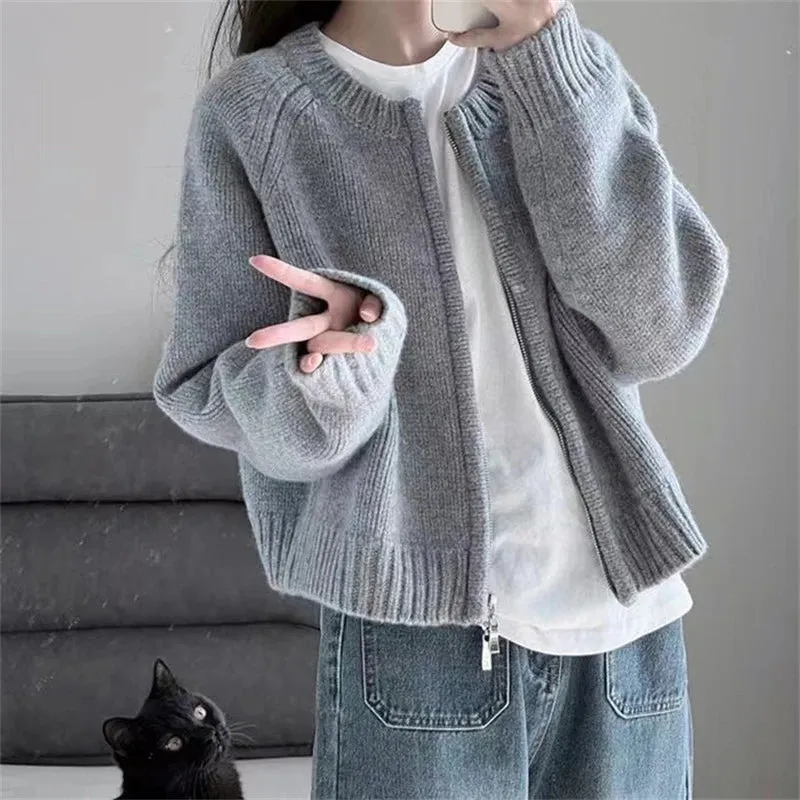 Sweet Zipper Knit Sweater Women Korean Vintage Casual Crop Cardigan Coat Autumn Harajuku O Neck Long Sleeve Sweater Female Tops