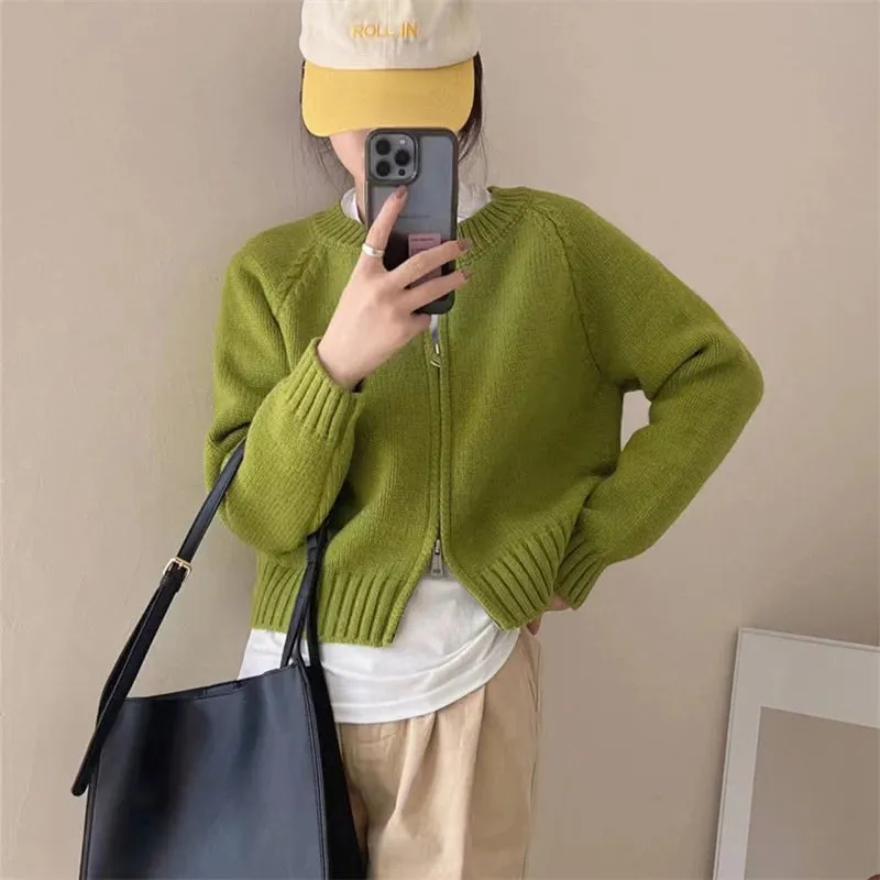 Sweet Zipper Knit Sweater Women Korean Vintage Casual Crop Cardigan Coat Autumn Harajuku O Neck Long Sleeve Sweater Female Tops