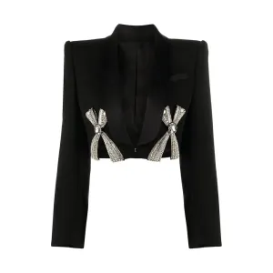 Temperament Blazers For Women  Deep V Neck Long Sleeve Patchwork Diamonds Split Autumn Blazer Female Fashion