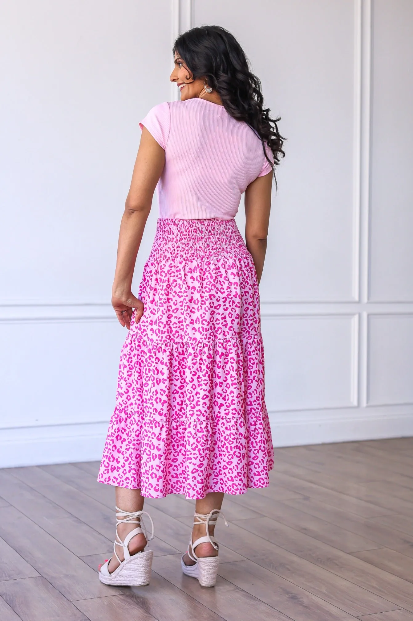 The Marilyn Midi Skirt in Pink Leopard