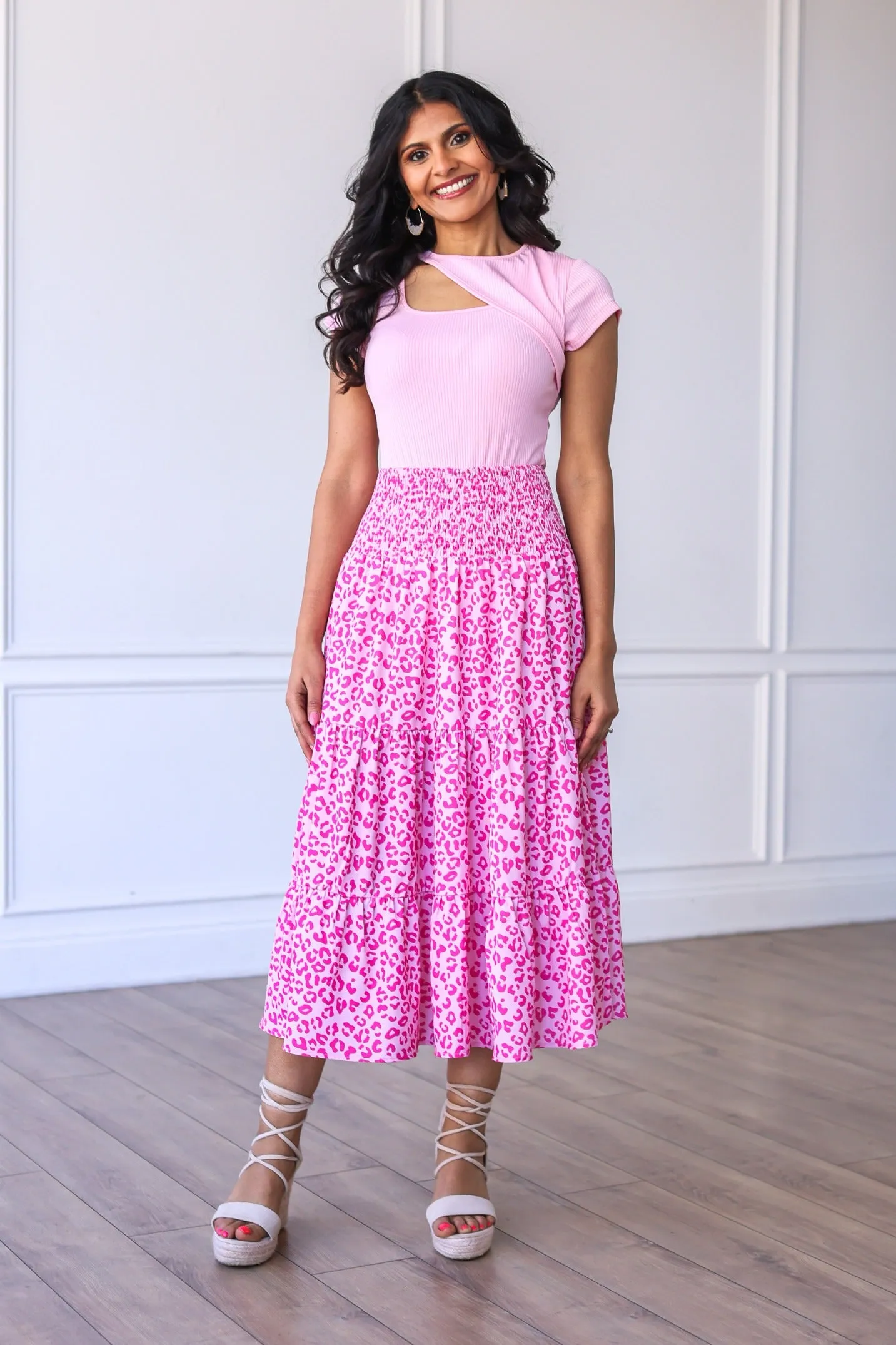 The Marilyn Midi Skirt in Pink Leopard