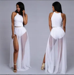 Trendy High Waist Transparent Maxi Style Skirt With Side Split