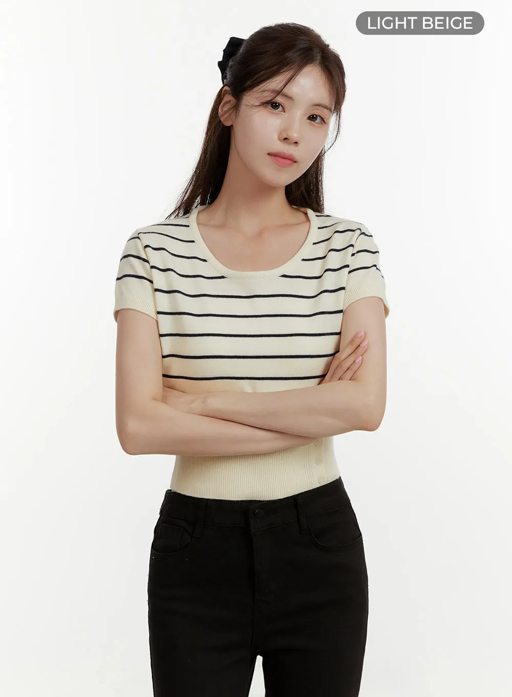 Unbalanced Buttoned Crop Knit Tee OY409