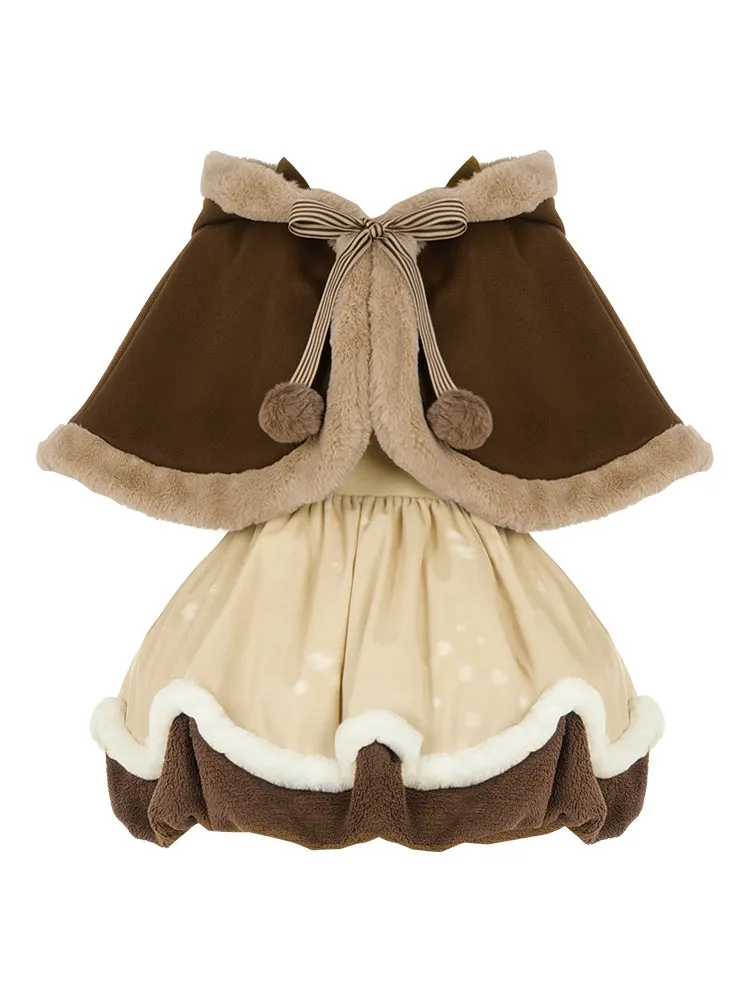 Universal Lolita Winter Deer Velvet Brown Cute Hooded Cape Cloak Strap Dress Leg Warmers Three Piece Set