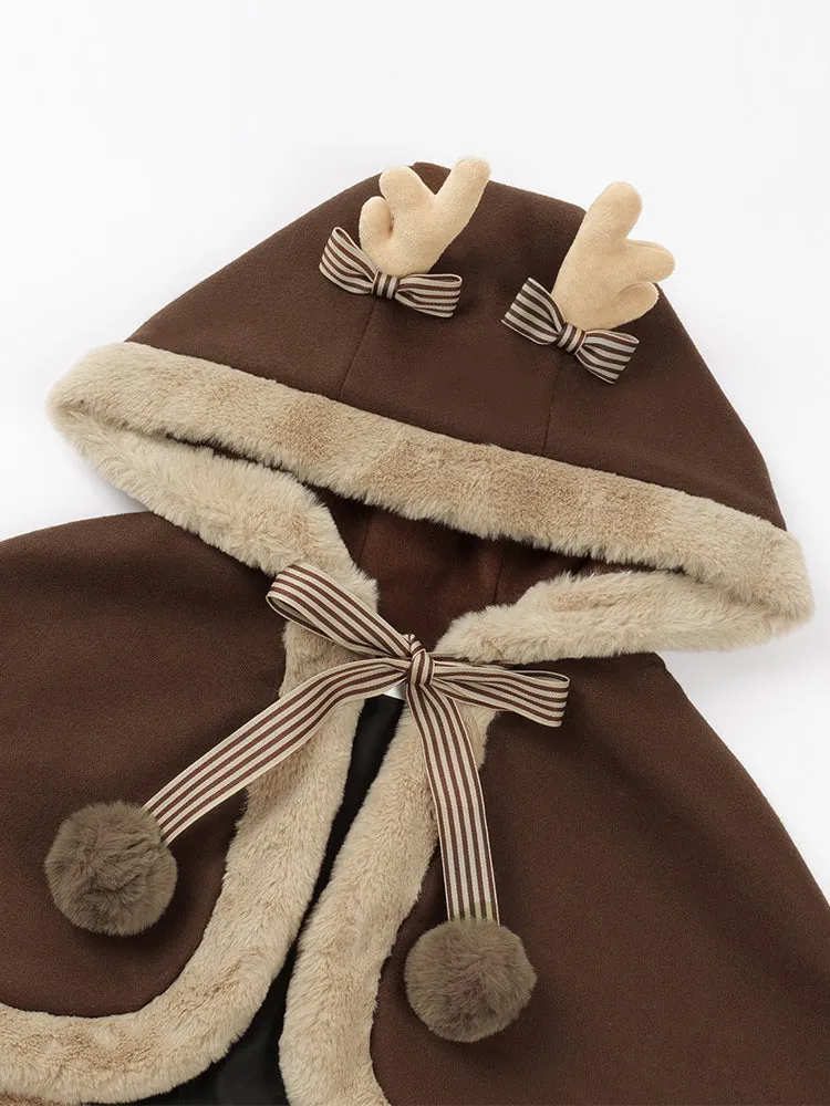 Universal Lolita Winter Deer Velvet Brown Cute Hooded Cape Cloak Strap Dress Leg Warmers Three Piece Set