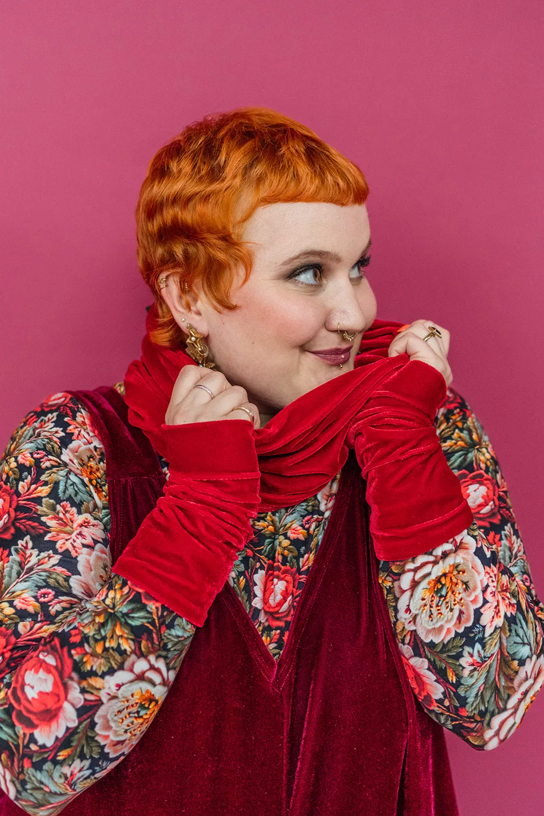 Velvet Cowl and Wrist Warmers Set in Red