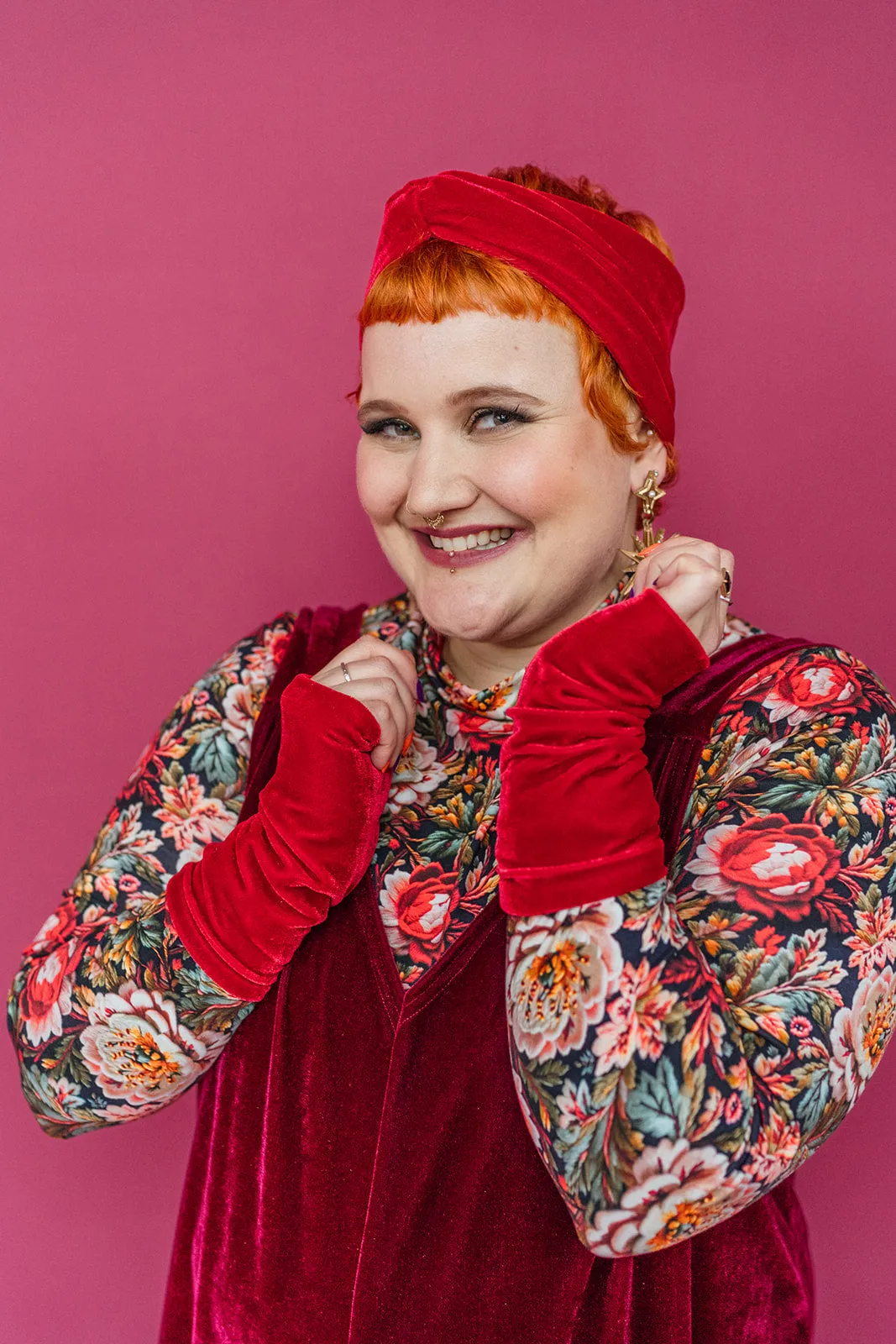 Velvet Cowl and Wrist Warmers Set in Red