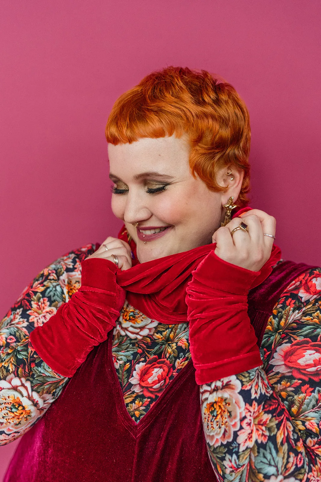 Velvet Cowl and Wrist Warmers Set in Red