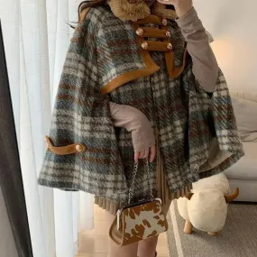 Vevesc Retro Winter Woman Plaids Cloak Coat Faux Rabbit Fur Lapel Collar Thick Capes Woolen Checked Shawl Cardigan Poncho Jacket Tops