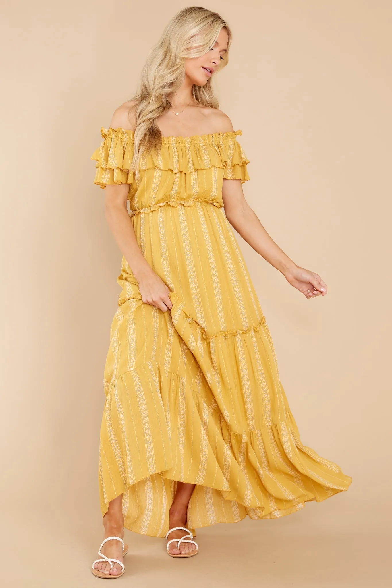 When You Land Mustard Yellow Print Maxi Dress