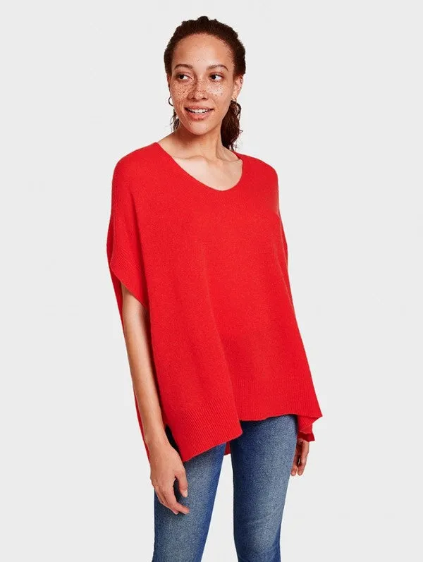 White   Wareen - V Neck Poncho Sunset Red Heather