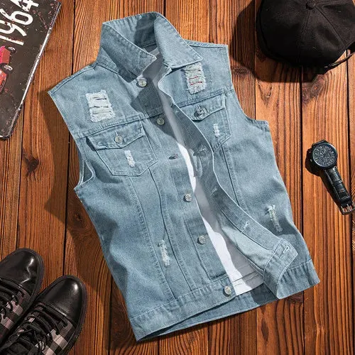 Wiaofellas  -  New Mens Spring Autumn Ripped Sleeveless Jeans Jackets Men Pockets Denim Waistcoats Male Cowboy Gilet Tank Streetwear D719