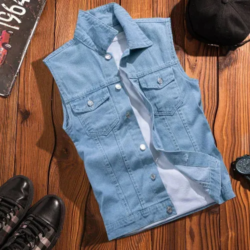 Wiaofellas  -  New Mens Spring Autumn Ripped Sleeveless Jeans Jackets Men Pockets Denim Waistcoats Male Cowboy Gilet Tank Streetwear D719