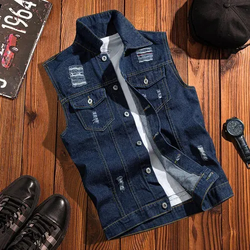 Wiaofellas  -  New Mens Spring Autumn Ripped Sleeveless Jeans Jackets Men Pockets Denim Waistcoats Male Cowboy Gilet Tank Streetwear D719