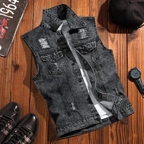 Wiaofellas  -  New Mens Spring Autumn Ripped Sleeveless Jeans Jackets Men Pockets Denim Waistcoats Male Cowboy Gilet Tank Streetwear D719