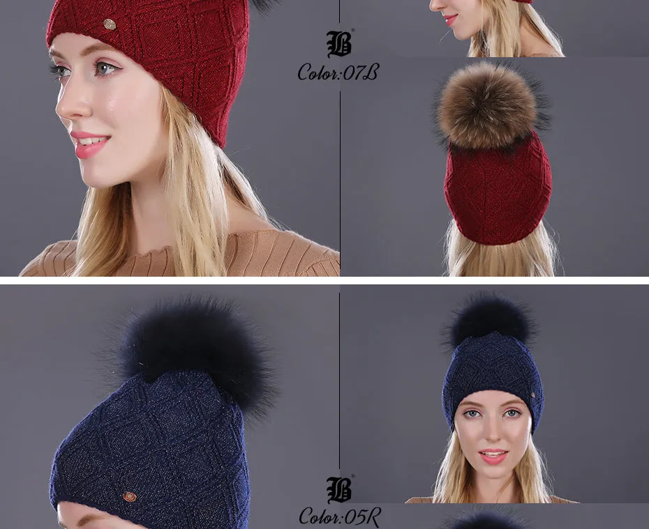 Winter fur Beanie cap women's cashmere wool cotton Big Real Raccoon fur pom poms fur winter hat