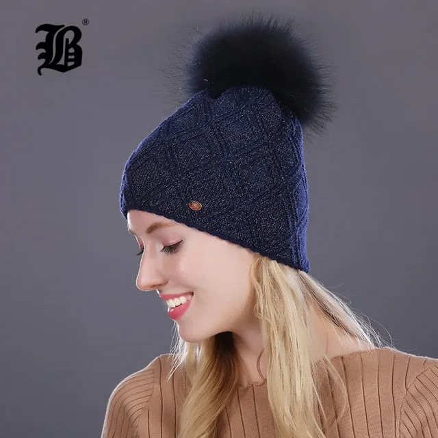 Winter fur Beanie cap women's cashmere wool cotton Big Real Raccoon fur pom poms fur winter hat