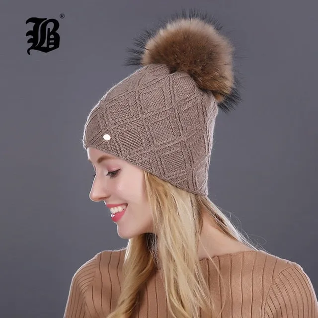 Winter fur Beanie cap women's cashmere wool cotton Big Real Raccoon fur pom poms fur winter hat