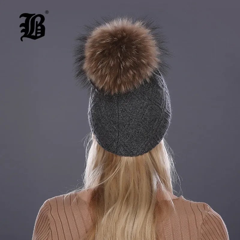 Winter fur Beanie cap women's cashmere wool cotton Big Real Raccoon fur pom poms fur winter hat