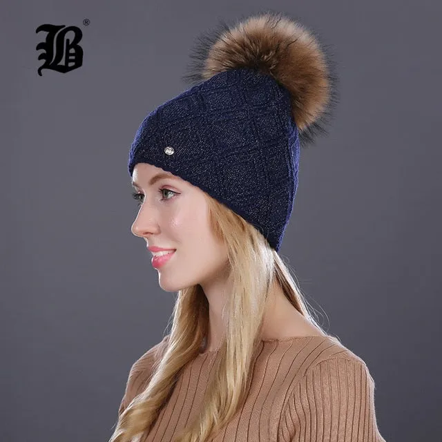 Winter fur Beanie cap women's cashmere wool cotton Big Real Raccoon fur pom poms fur winter hat