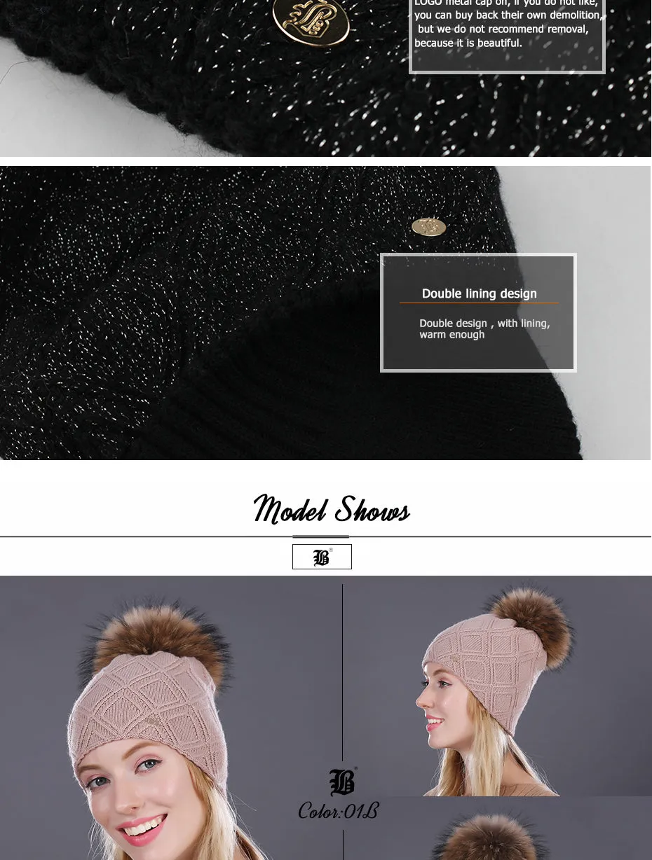 Winter fur Beanie cap women's cashmere wool cotton Big Real Raccoon fur pom poms fur winter hat