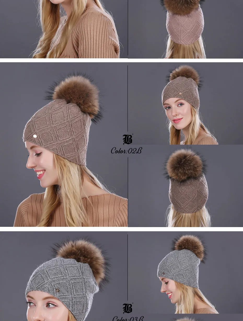 Winter fur Beanie cap women's cashmere wool cotton Big Real Raccoon fur pom poms fur winter hat