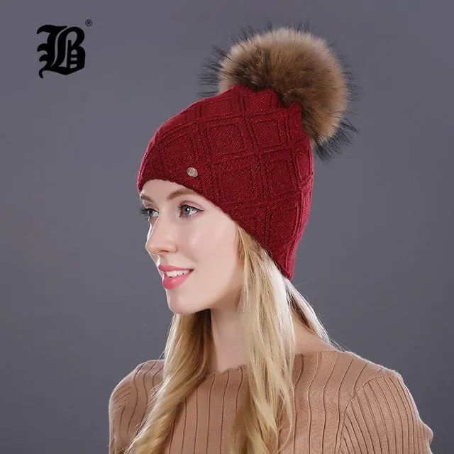 Winter fur Beanie cap women's cashmere wool cotton Big Real Raccoon fur pom poms fur winter hat