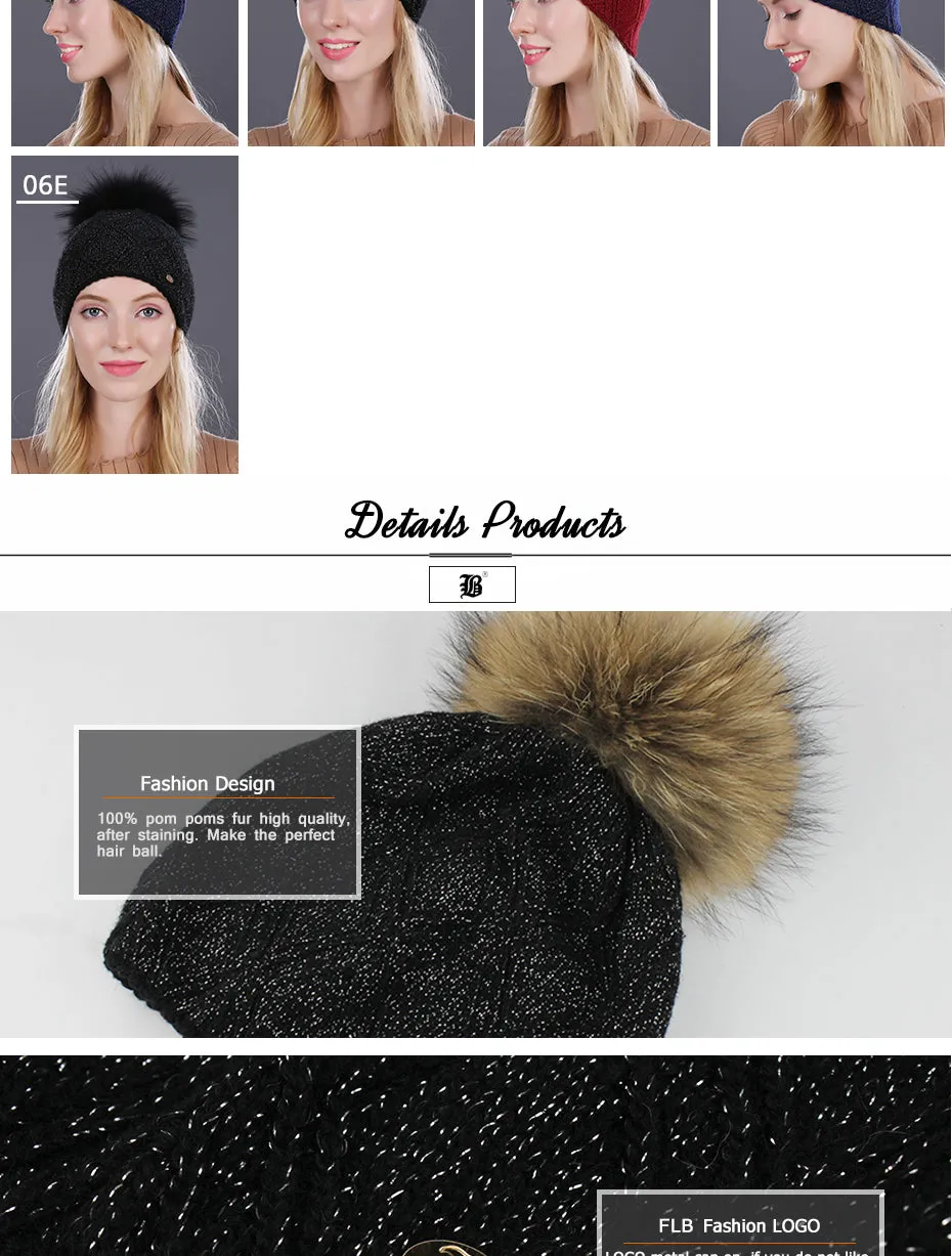 Winter fur Beanie cap women's cashmere wool cotton Big Real Raccoon fur pom poms fur winter hat