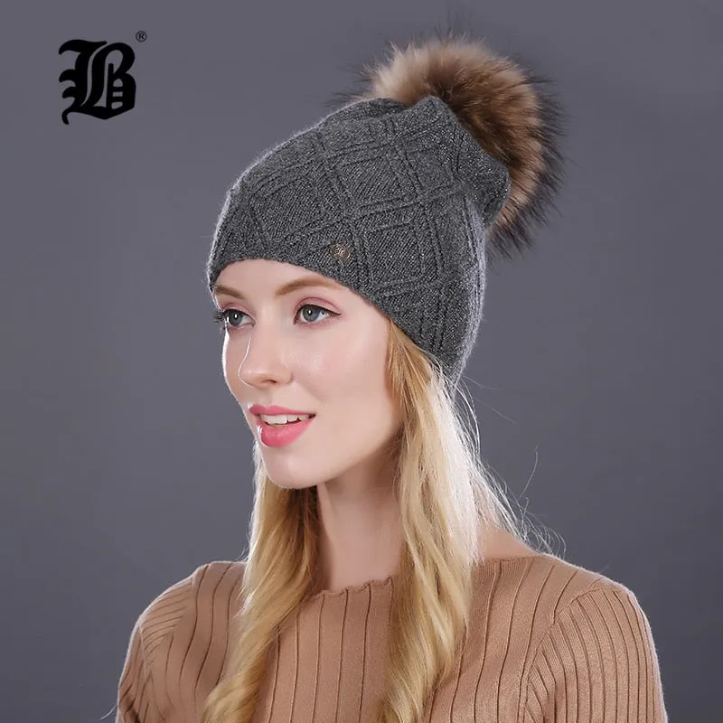 Winter fur Beanie cap women's cashmere wool cotton Big Real Raccoon fur pom poms fur winter hat