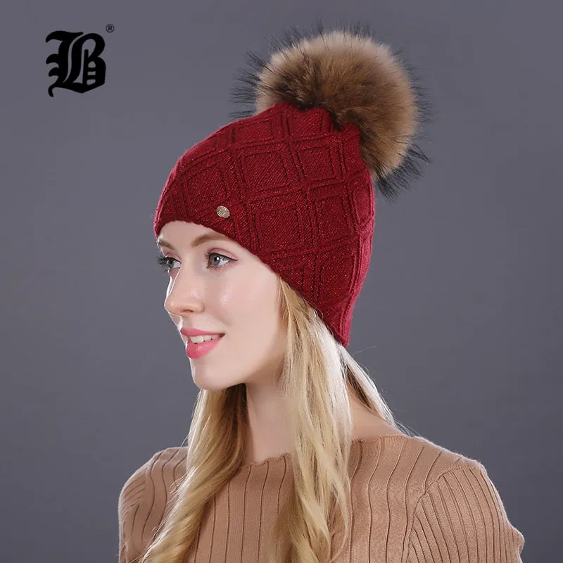 Winter fur Beanie cap women's cashmere wool cotton Big Real Raccoon fur pom poms fur winter hat