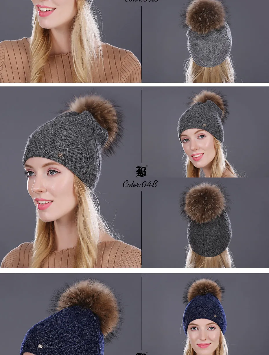 Winter fur Beanie cap women's cashmere wool cotton Big Real Raccoon fur pom poms fur winter hat