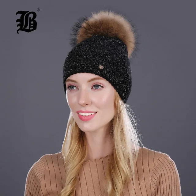 Winter fur Beanie cap women's cashmere wool cotton Big Real Raccoon fur pom poms fur winter hat