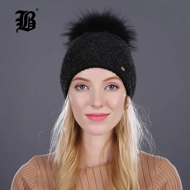 Winter fur Beanie cap women's cashmere wool cotton Big Real Raccoon fur pom poms fur winter hat