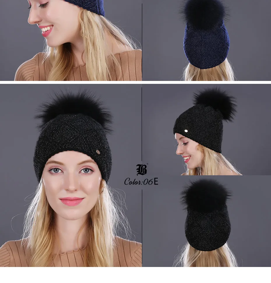 Winter fur Beanie cap women's cashmere wool cotton Big Real Raccoon fur pom poms fur winter hat