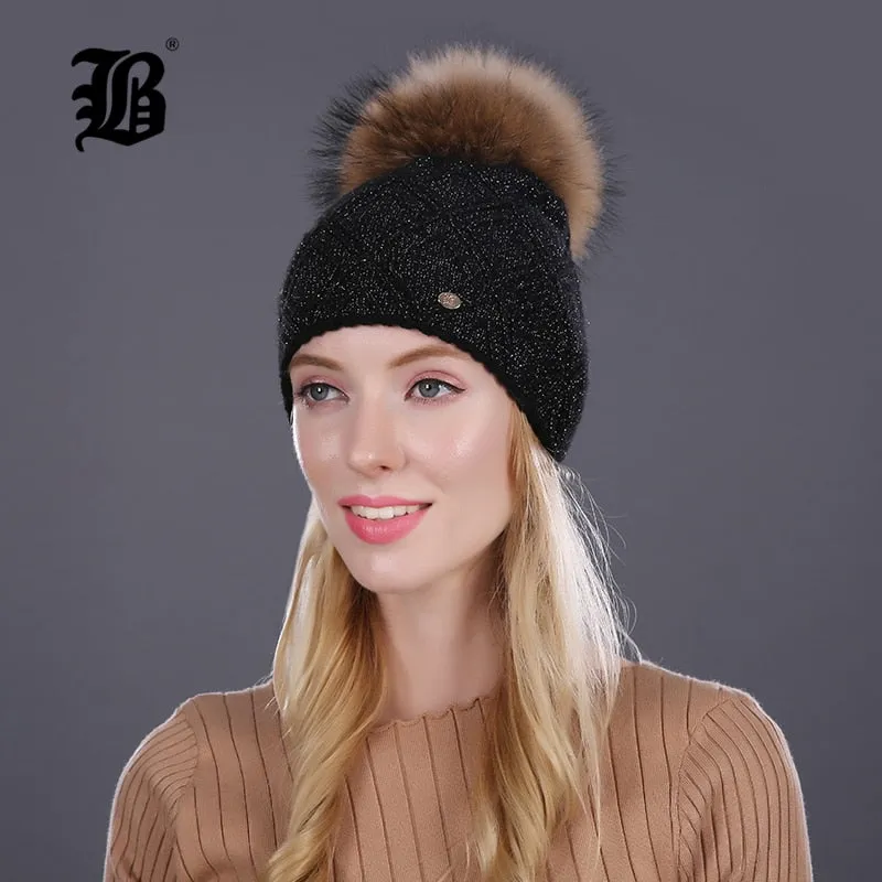 Winter fur Beanie cap women's cashmere wool cotton Big Real Raccoon fur pom poms fur winter hat