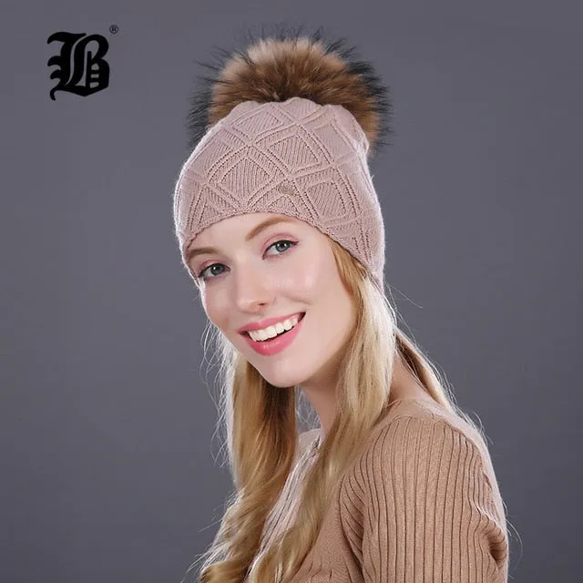 Winter fur Beanie cap women's cashmere wool cotton Big Real Raccoon fur pom poms fur winter hat