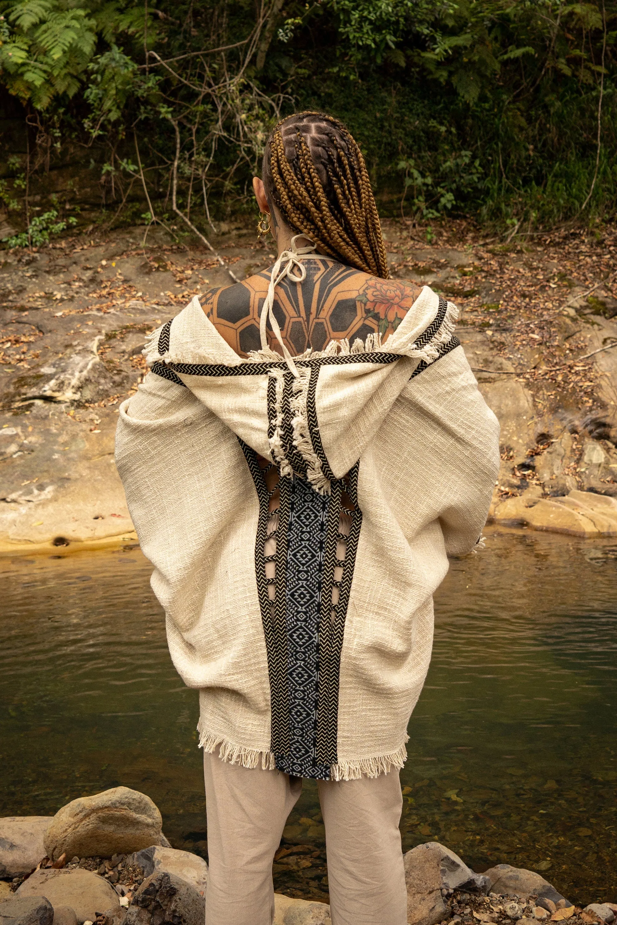 WIZARD Womens Hooded Kimono Vest Beige Tribal Ritual Ceremony Shamanic Gypsy Festival Magic Ritual Alchemy Primitive Rave Boho Earthy AJJAYA