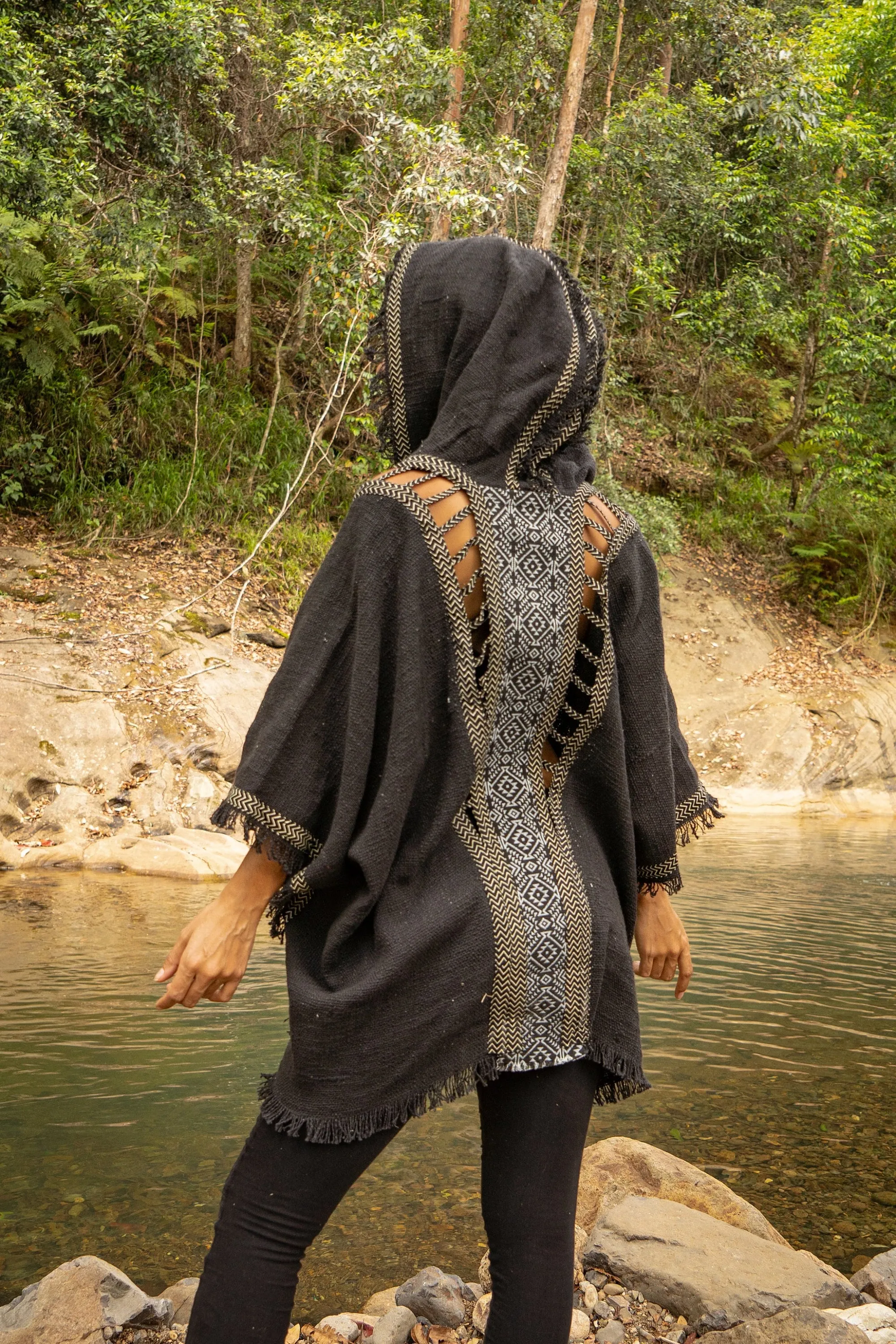 WIZARD Womens Hooded Kimono Vest Beige Tribal Ritual Ceremony Shamanic Gypsy Festival Magic Ritual Alchemy Primitive Rave Boho Earthy AJJAYA